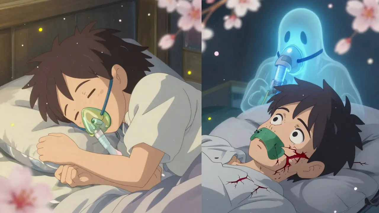 Scène divisée : d'un côté une respiration saine, de l'autre une personne en détresse avec des niveaux d'oxygène en chute libre.