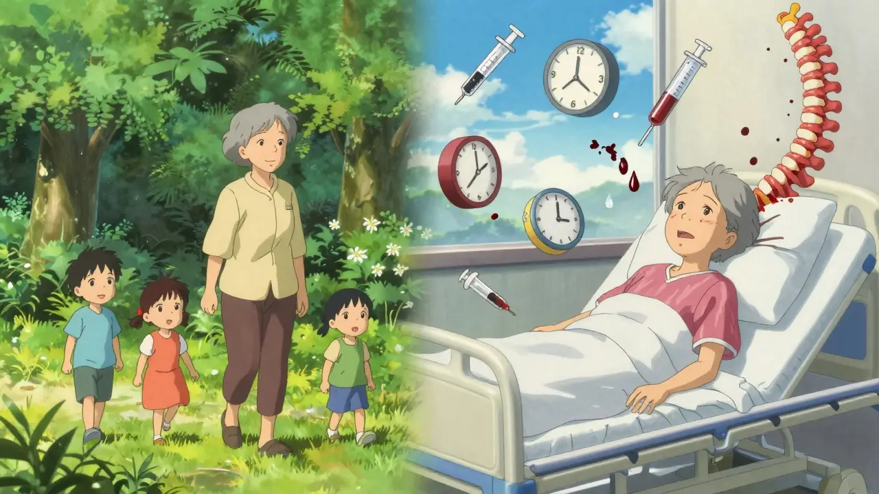 Scène divisée : une femme active dans un parc d'un côté, paralysée à l'hôpital de l'autre, entourée d'icônes médicales en décomposition.