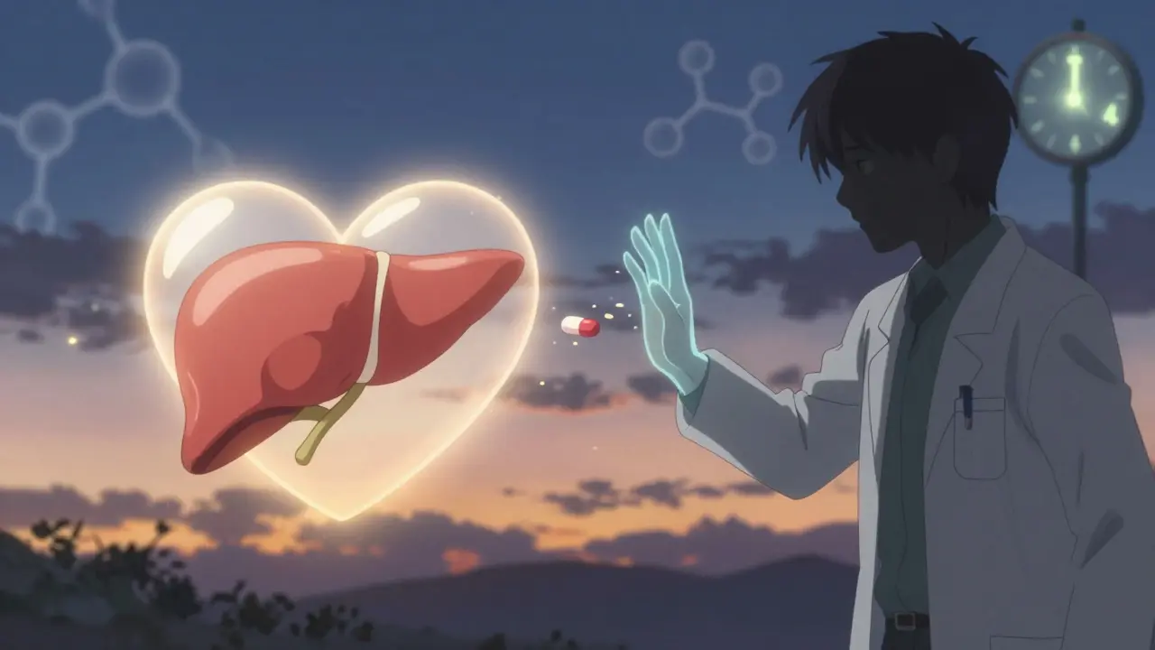 Scène symbolique : une pilule de statine flotte au-dessus d'un foie lumineux, tandis qu'une main arrête quelqu'un qui veut la jeter.