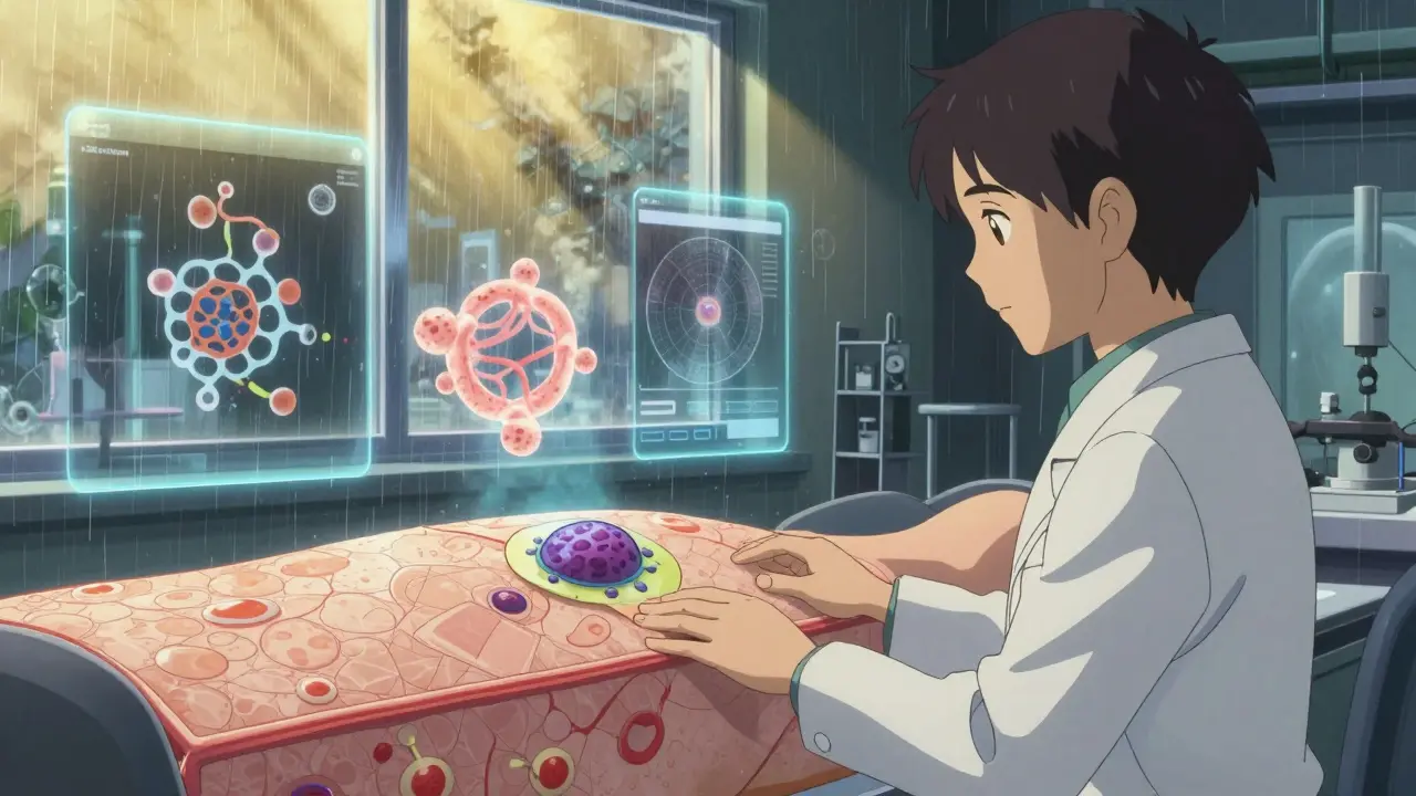 Simulation holographique d'un patch nanotechnologique adhérant à la peau dans un laboratoire futuriste.