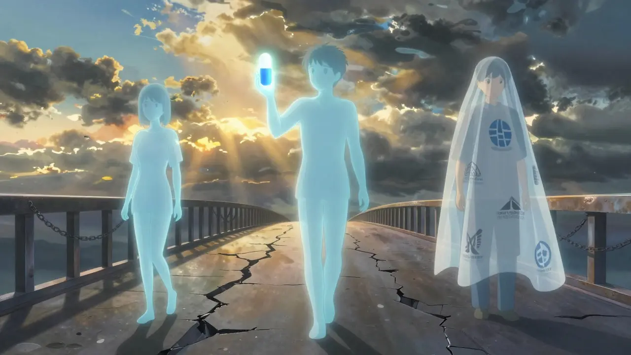 Trois figures sur un pont brisé, symbolisant les entreprises de génériques face à l'exclusivité de 180 jours.