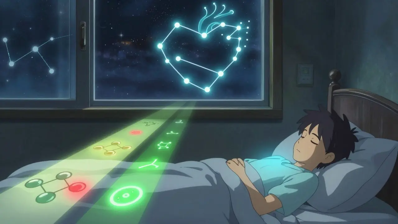 Un adolescent endormi, deux voies thérapeutiques lumineuses se dévoilent à côté de son lit sous un ciel étoilé.