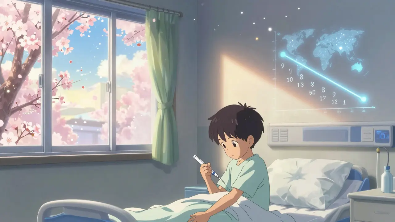 Un enfant reçoit une injection dans un hôpital, des pétales de cerisier tombent à la fenêtre sous une lumière douce.
