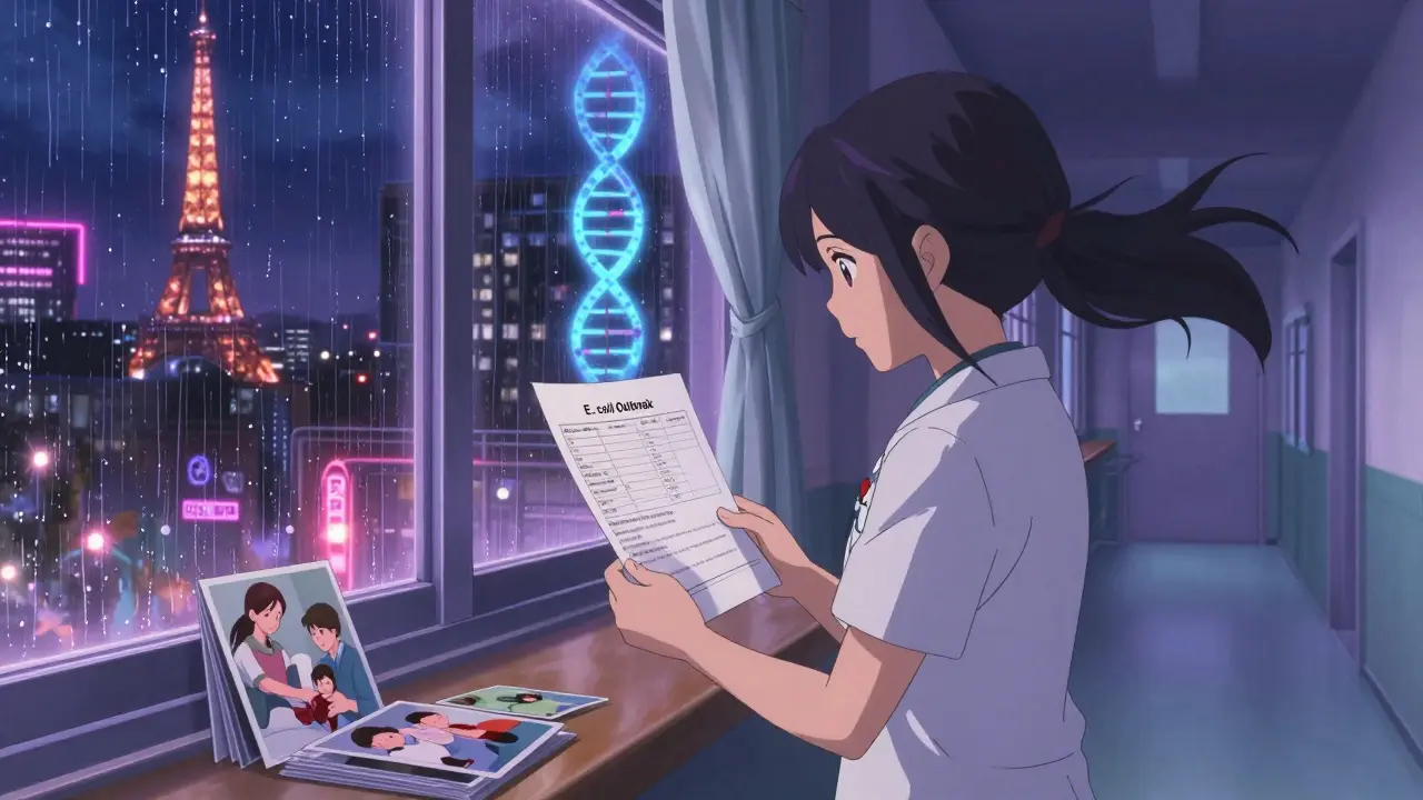 Un étudiant en médecine dans un couloir d'hôpital, tenant un rapport génomique, la ville de Paris en arrière-plan sous la pluie et les lumières de la nuit.