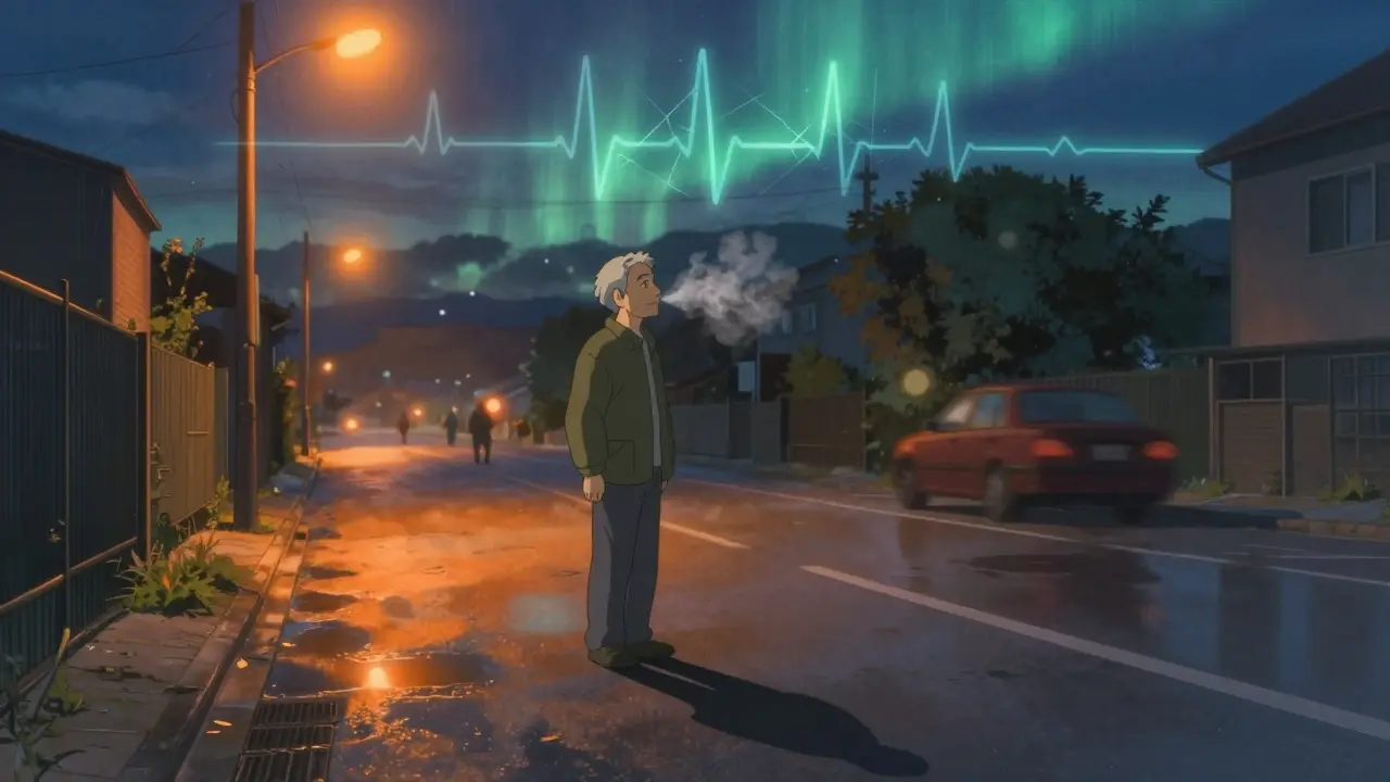 Un homme âgé à la tombée de la nuit, une ligne ECG fantomatique au-dessus de sa tête, sous des lumières de rue chaleureuses.