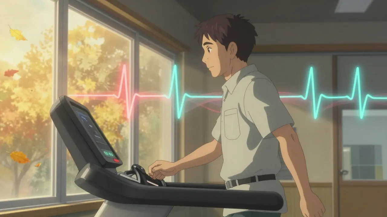 Un homme marchant sur un tapis roulant, des tracés ECG lumineux flottant au-dessus de lui.