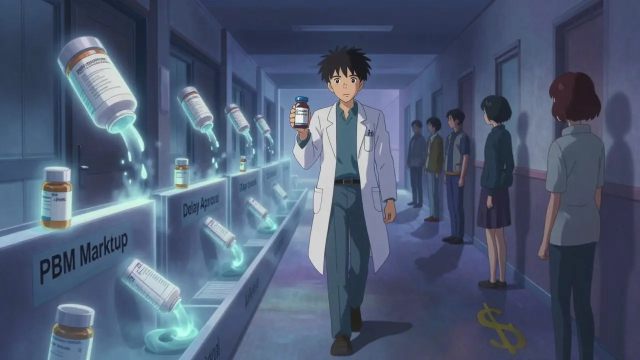 Un médecin avance dans un couloir de formulaires flottants et de bouteilles de biosimilaires qui disparaissent en brume, sous une lumière bleue et violette.