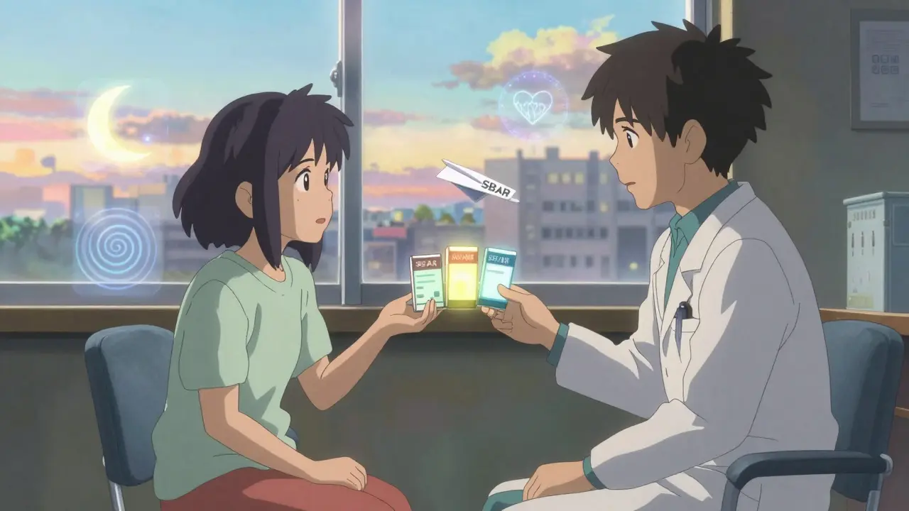 Un médecin et un patient en consultation, avec des symptômes lumineux flottant autour d'eux.