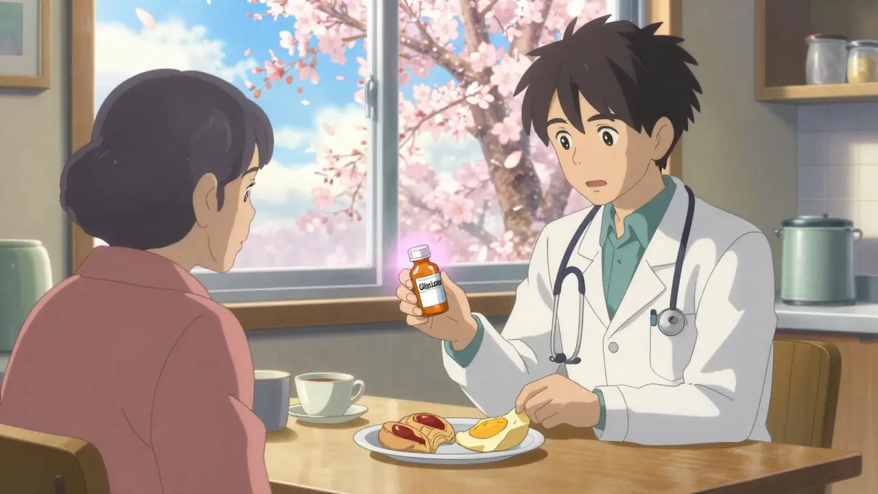 Un médecin remet une bouteille de glipizide à un patient âgé près d'une fenêtre ensoleillée, des pétales de cerisier flottent dans l'air.