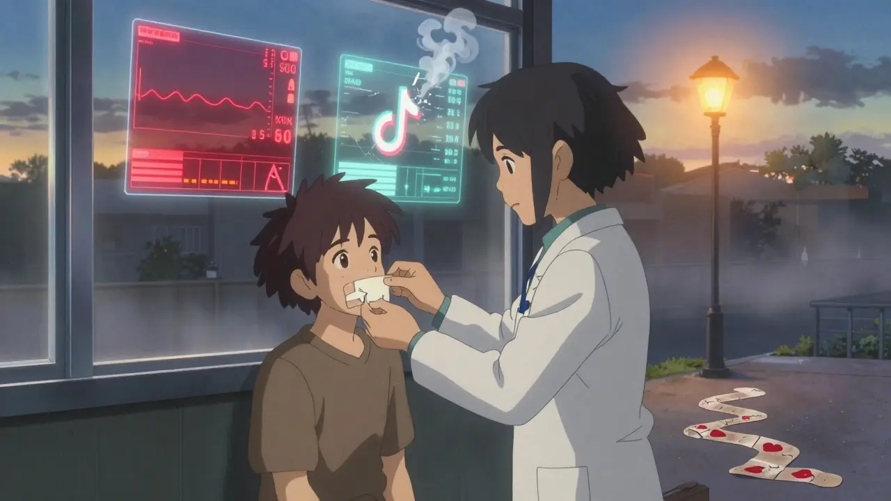 Un médecin retire délicatement un ruban buccal d'un patient, derrière eux des graphiques médicaux flottants et des bandes de tape jetées au sol.