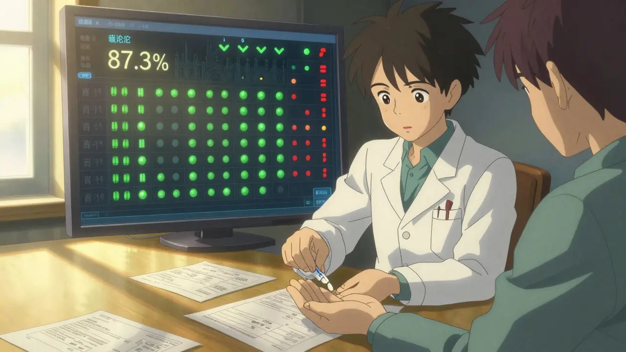 Un pharmacien remet un médicament générique à un patient, la lumière du jour baignant la scène.