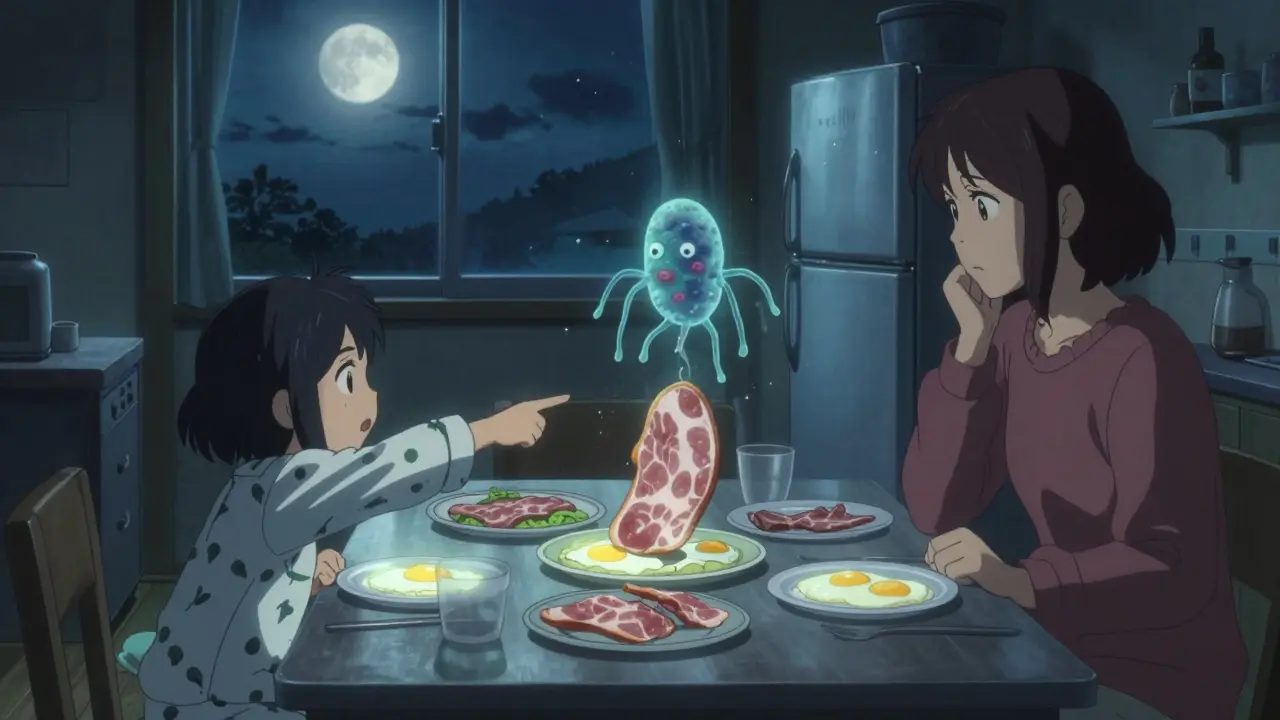 Une famille à table, un jambon laissé à température ambiante, une jeune fille alerte tandis qu'une bactérie fantomatique flotte au-dessus.