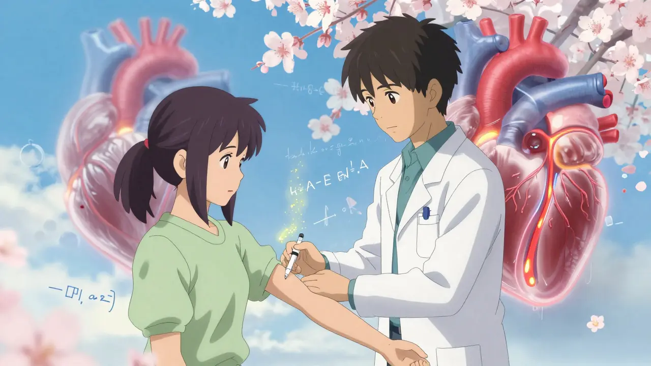 Une femme reçoit un médicament, des images de son cœur flottent en transparence autour d'elle.