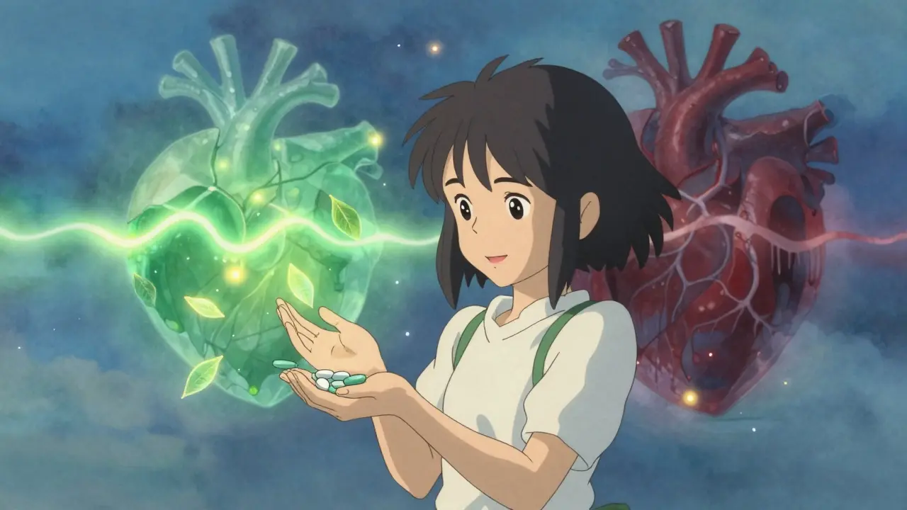 Une jeune fille tenant une pilule, entourée de feuilles flottantes symbolisant des alternatives aux stimulants, un cœur paisible lumineux.