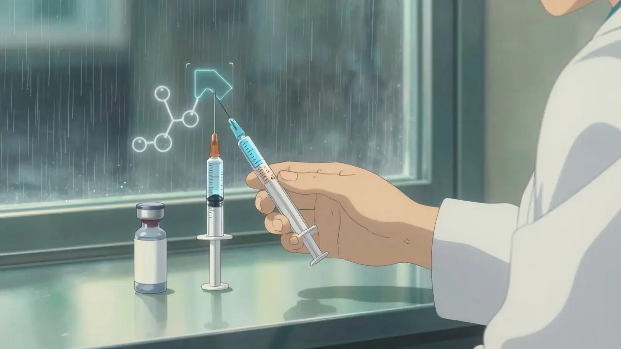 Une main de pharmacien pose un stylo pré-rempli à côté d'une seringue, avec des structures moléculaires en surimpression.