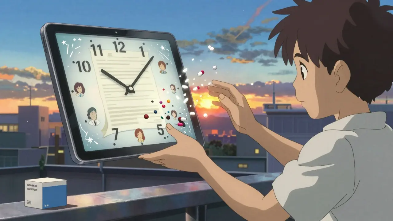 Une patiente atteignant une pilule qui se désintègre en milliers de reflets, sous un horloge en étoiles.