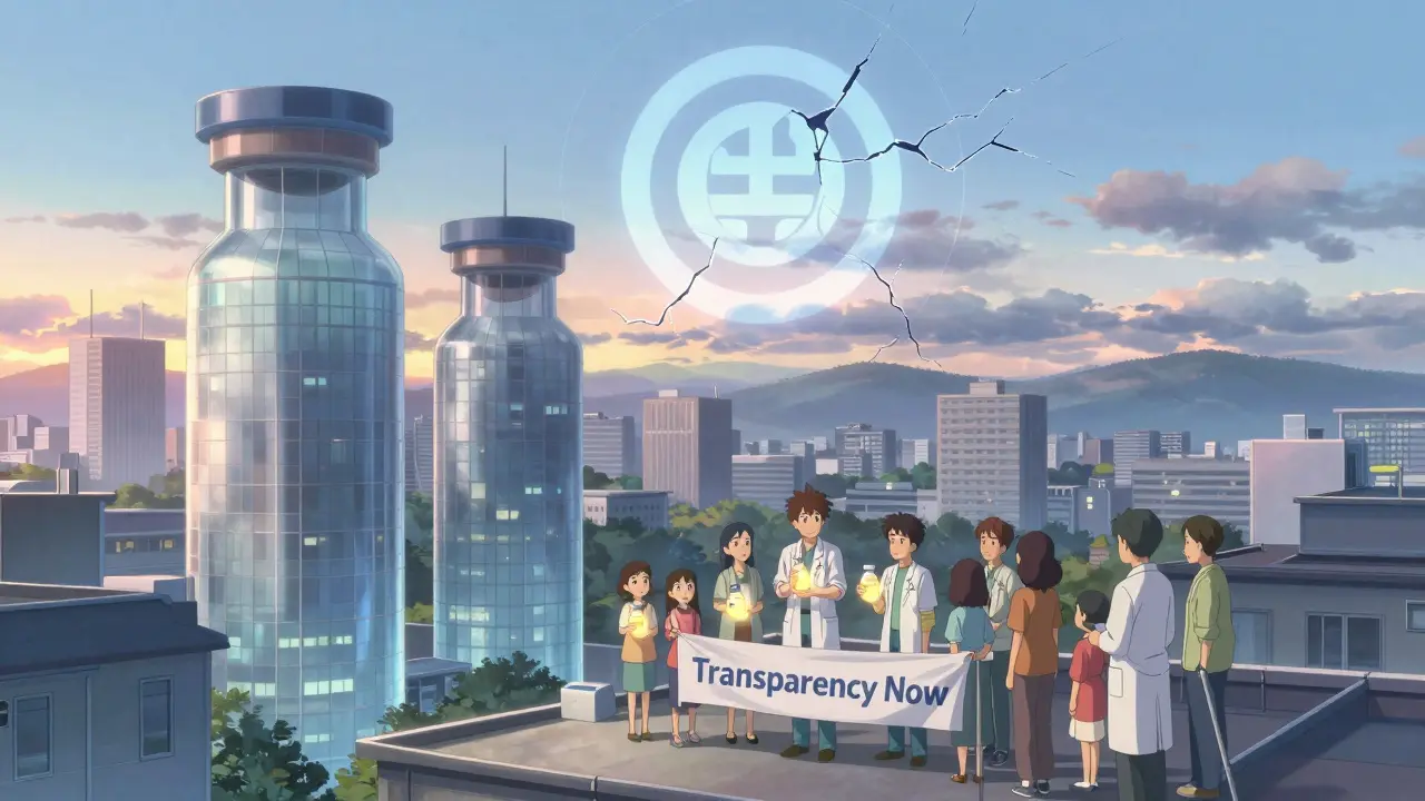 Vue aérienne d'une ville où des bâtiments ressemblent à des flacons de médicaments, avec des patients et des médecins debout ensemble au lever du soleil.