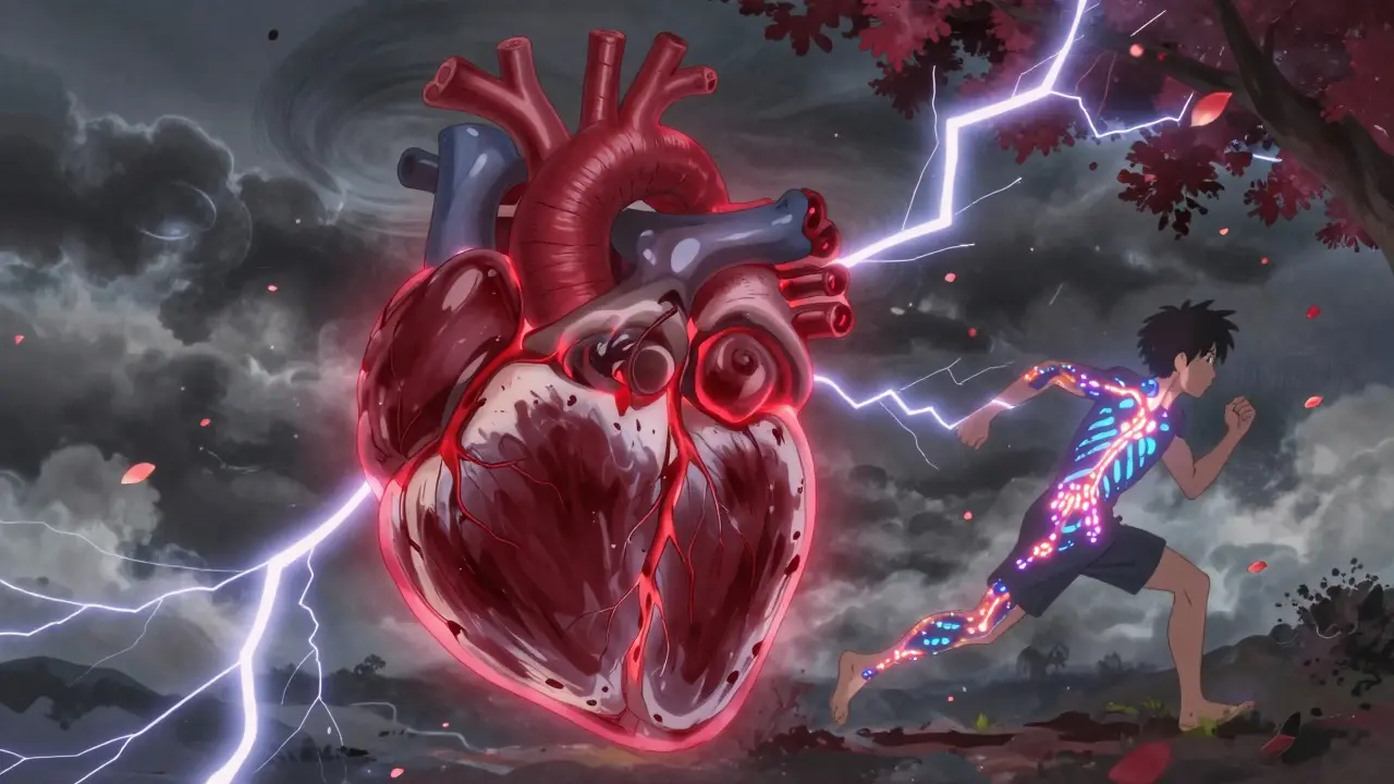 Cœur épaissi avec un flux sanguin bloqué, un athlète en mouvement et des mutations génétiques lumineuses.