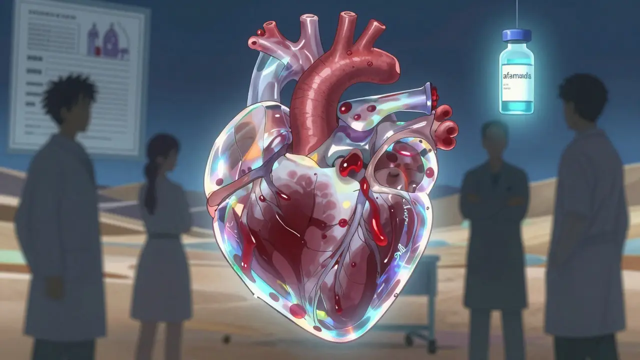 Cœur rigide recouvert de cristaux amyloïdes, avec du sang stagné et une fiole lumineuse en suspension.