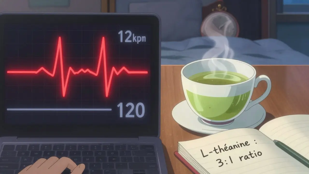 Écran partagé : cœur battant vite à gauche, tasse de thé vert calme à droite, teintes pastel.