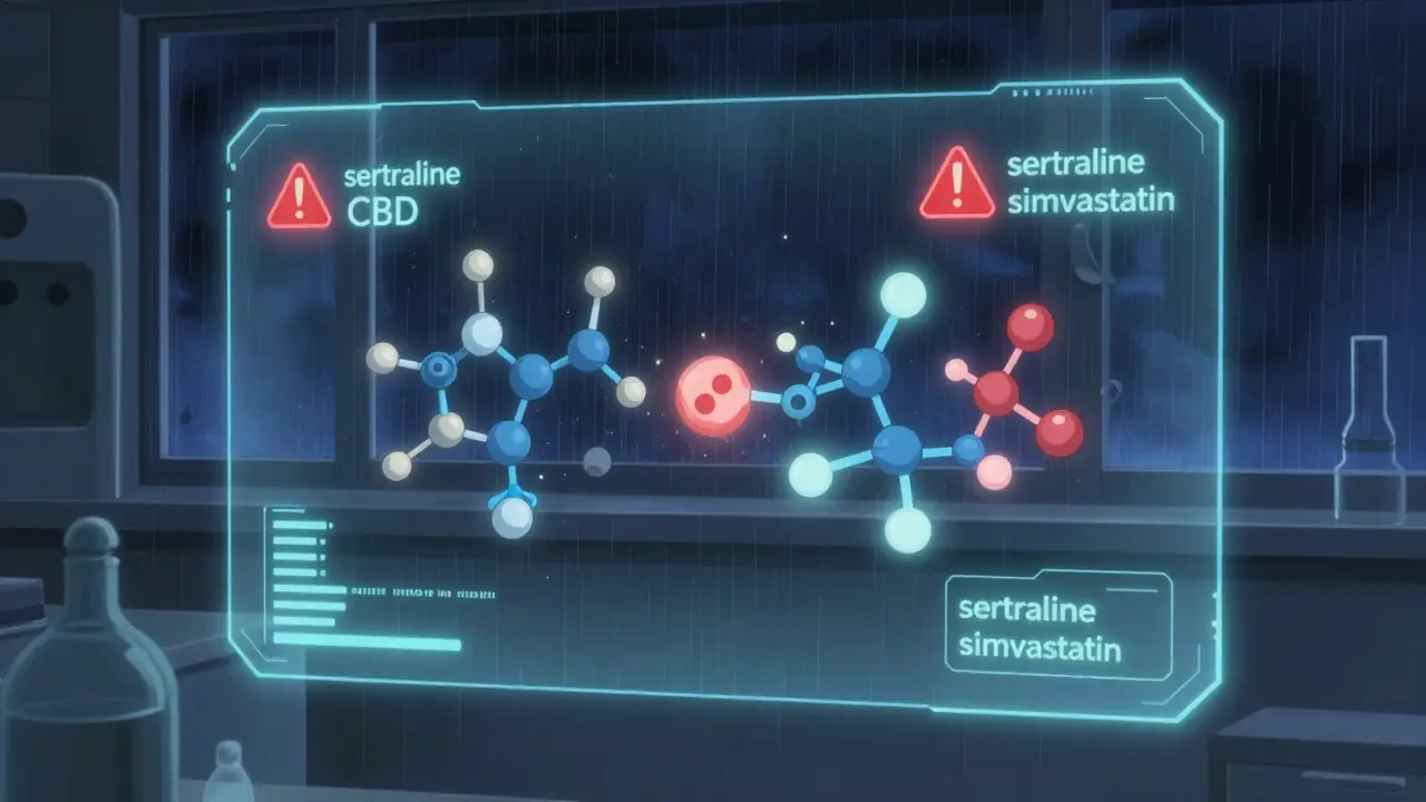 Interface numérique flottante montrant des molécules de CBD entrant en collision avec des enzymes CYP450, entourée d'icônes d'avertissement.