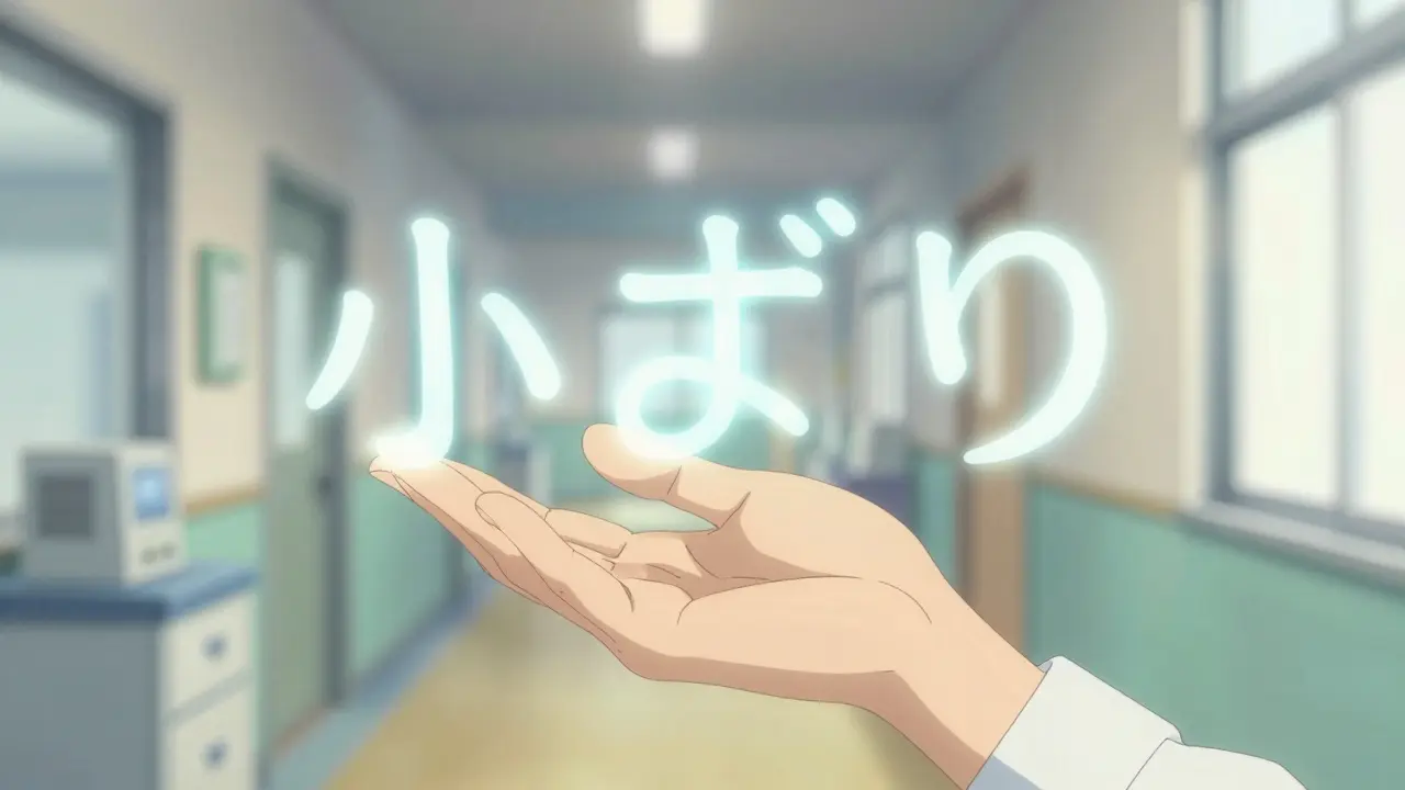 Main d'infirmière formant épellation phonétique avec particules lumineuses, corridor hospitalier.