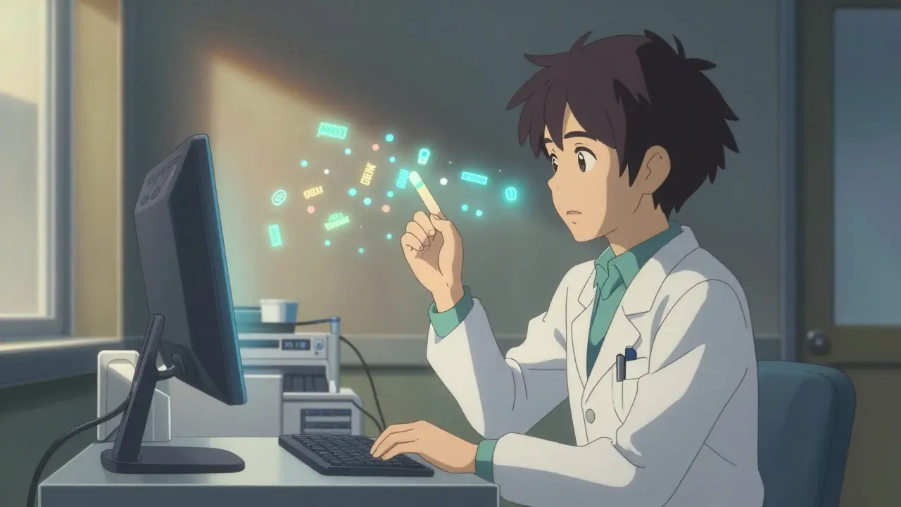 Médecin avec particules lumineuses abstraites représentant un médicament en salle d'hôpital.