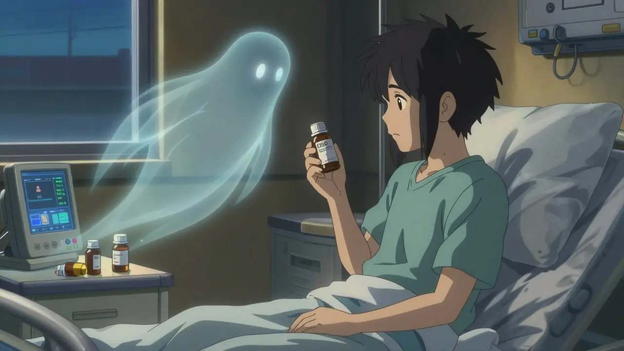 Patient sur un lit d'hôpital, une silhouette de métabolite flotte près de bouteilles de médicaments sous une lumière douce du crépuscule.