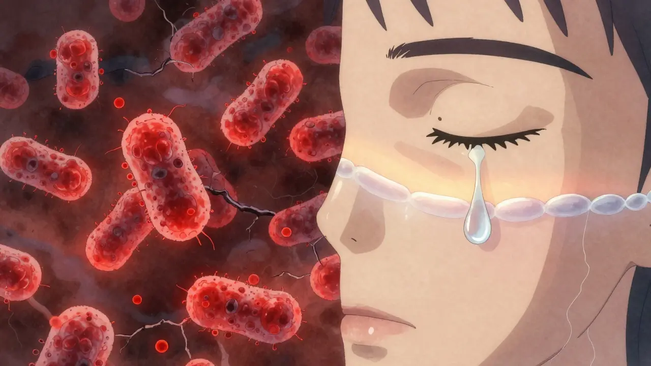 Pele déchirée en deux : d'un côté l'inflammation, de l'autre la réparation apaisée au lever du jour.