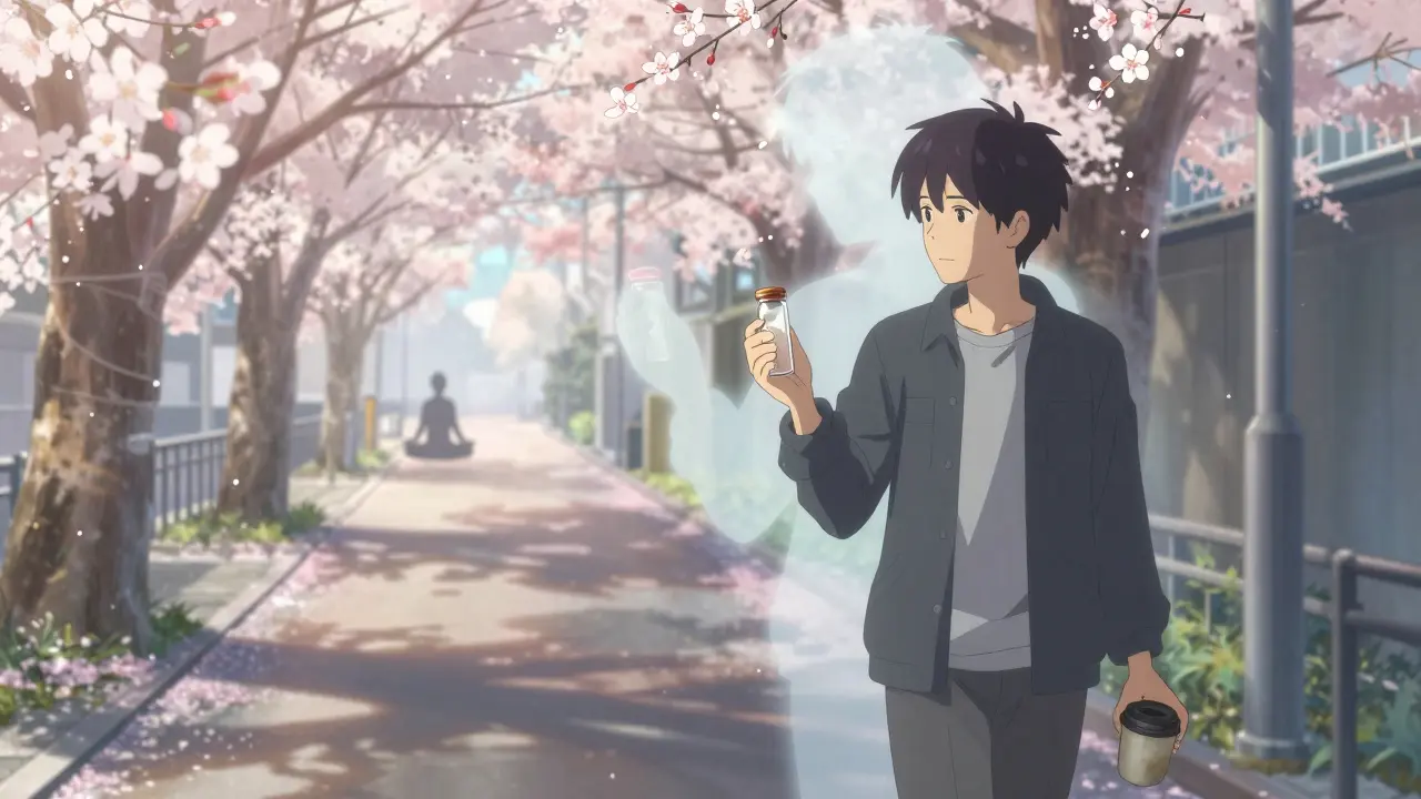 Personne marchant au lever du jour, flou du cœur qui bat vite derrière elle, fleurs de cerisier devant.