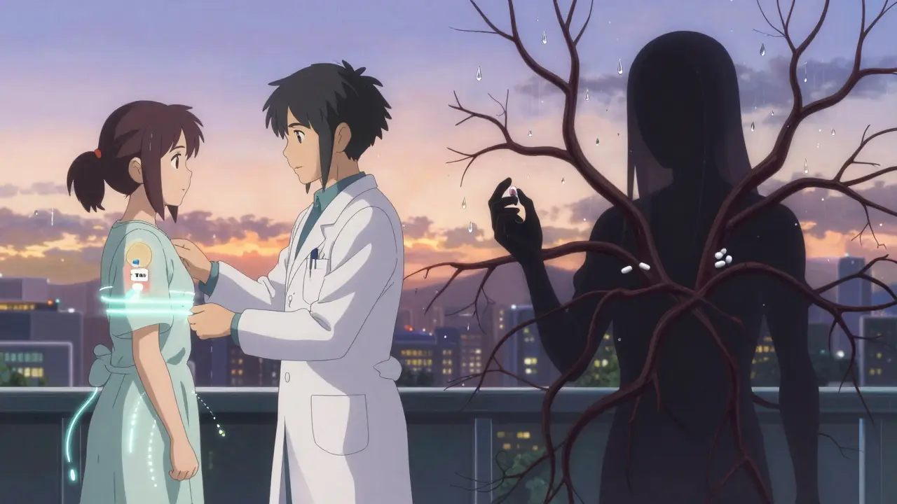 Scène divisée : un patch hormonal sécurisé à gauche, des comprimés oraux risqués à droite, dans un paysage urbain crépusculaire.