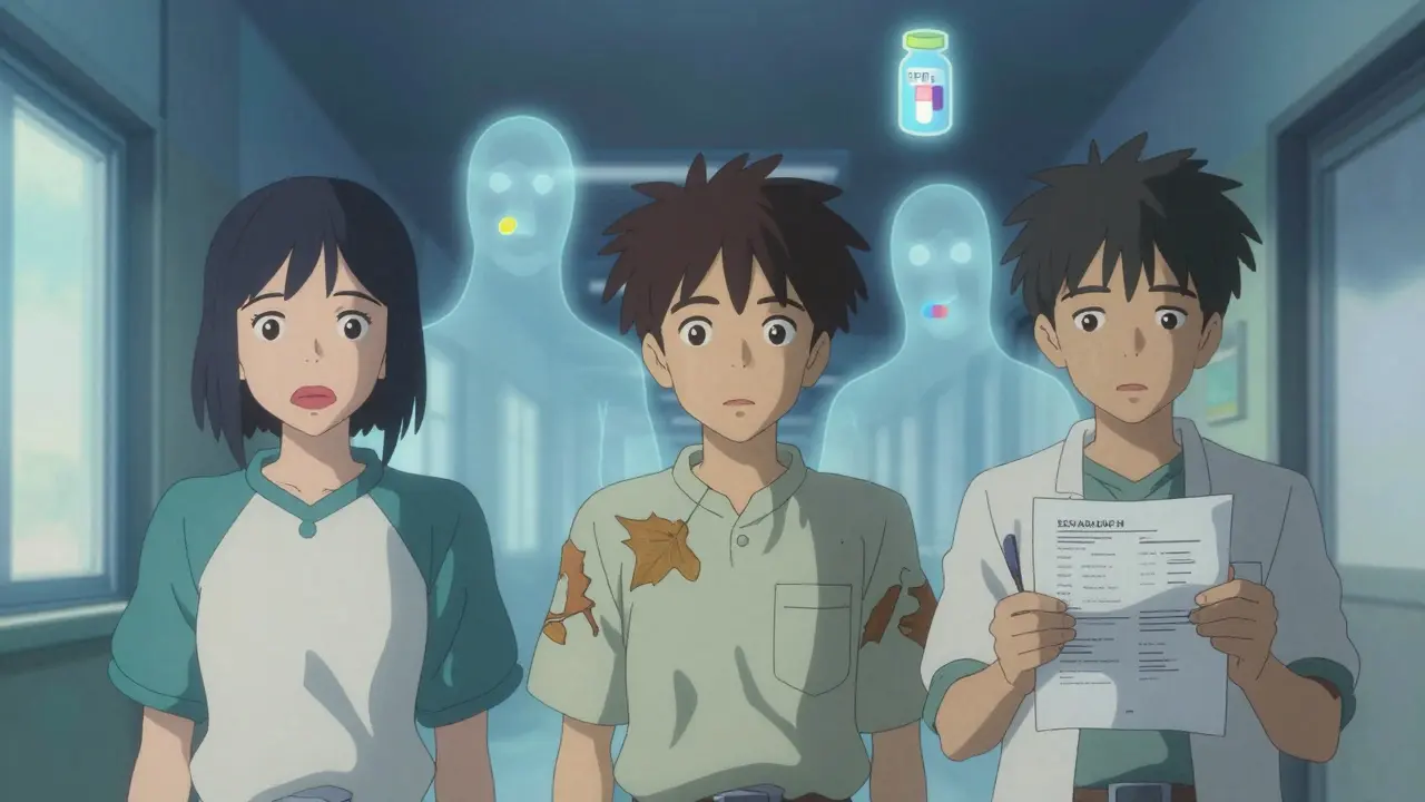 Trois patients dans un couloir d'hôpital, des médicaments flottants émettent des halos de avertissement, symbolisant des réactions tardives.