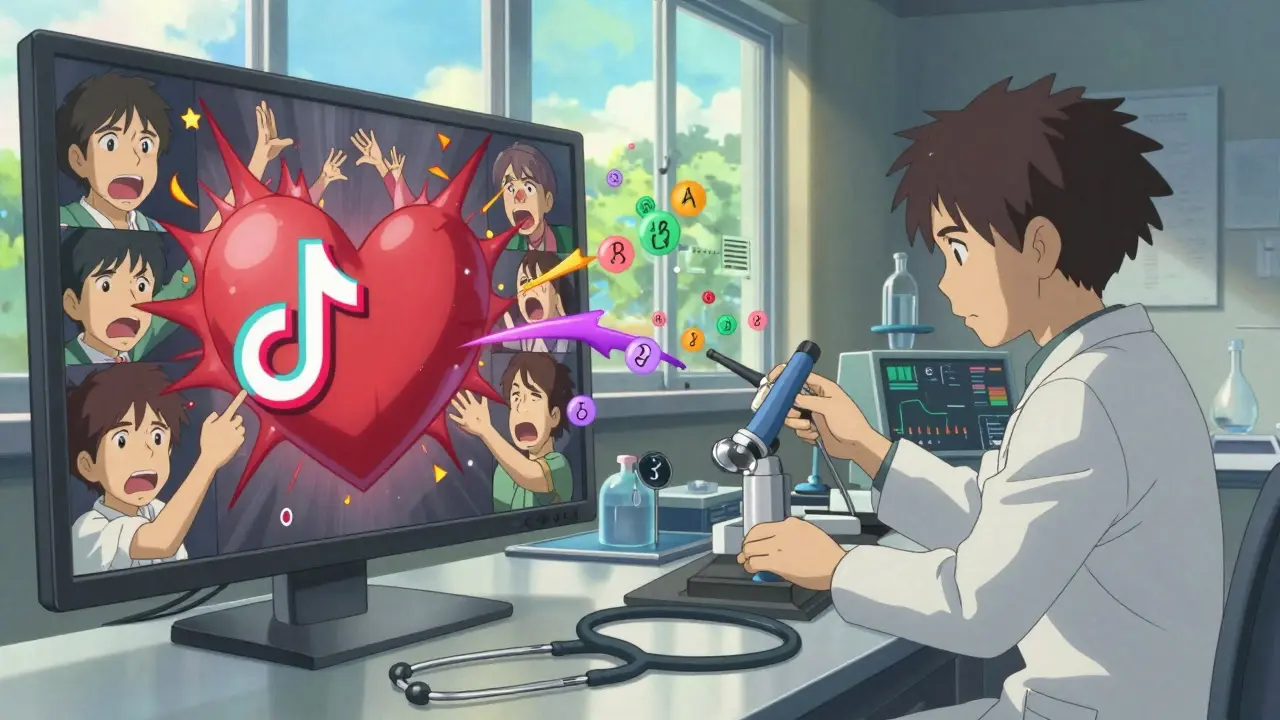 Un écran TikTok chaotique à gauche, une scène scientifique calme à droite, séparées par des particules de données flottantes.