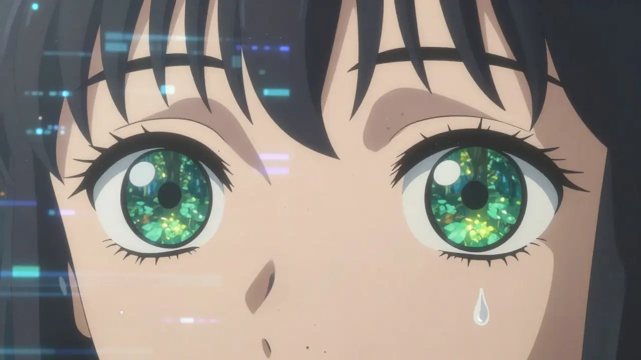 Un plan rapproché des yeux montrant un contraste entre écran numérique et nature apaisante.