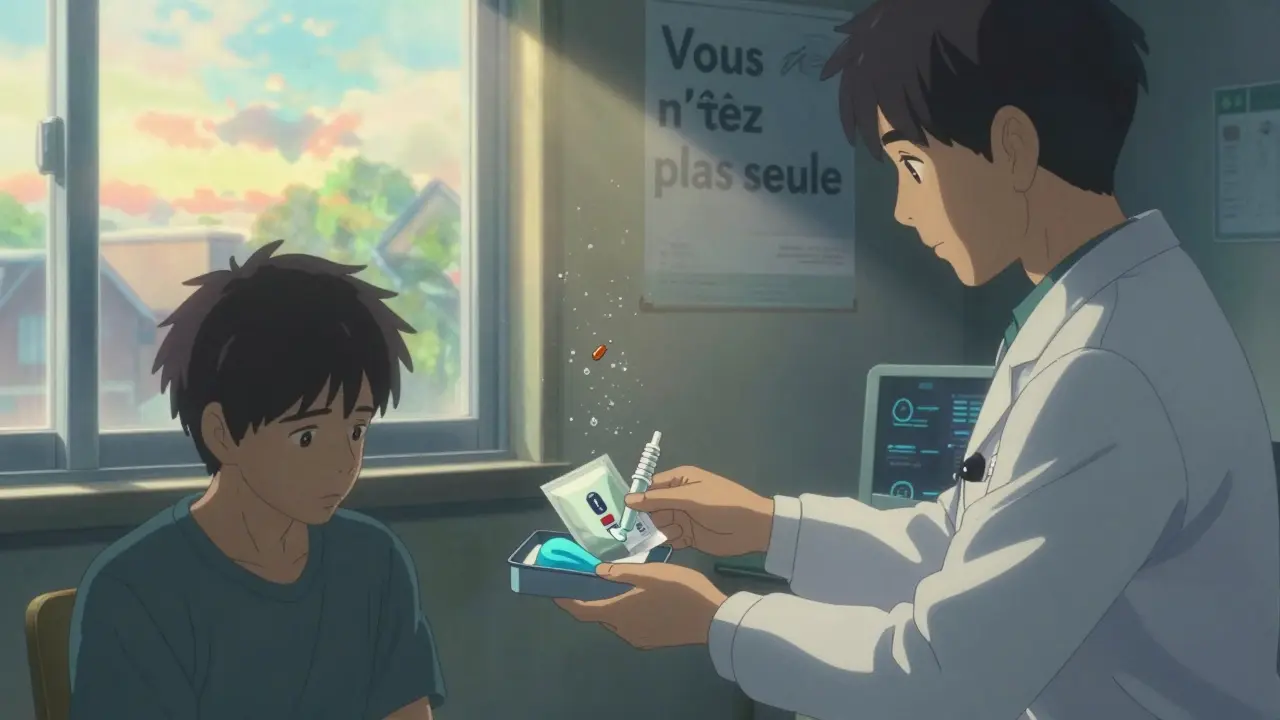 Un professionnel de santé remet un kit de survie à une personne sous une lumière douce, des particules d'eau et de médicaments flottent autour.