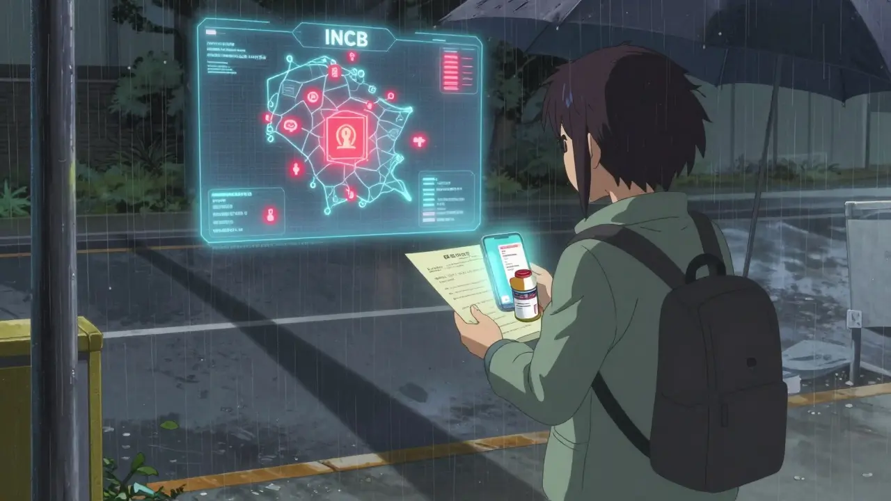 Un voyageur à un point de contrôle frontalier sous la pluie, tenant une lettre médicale et ses médicaments.