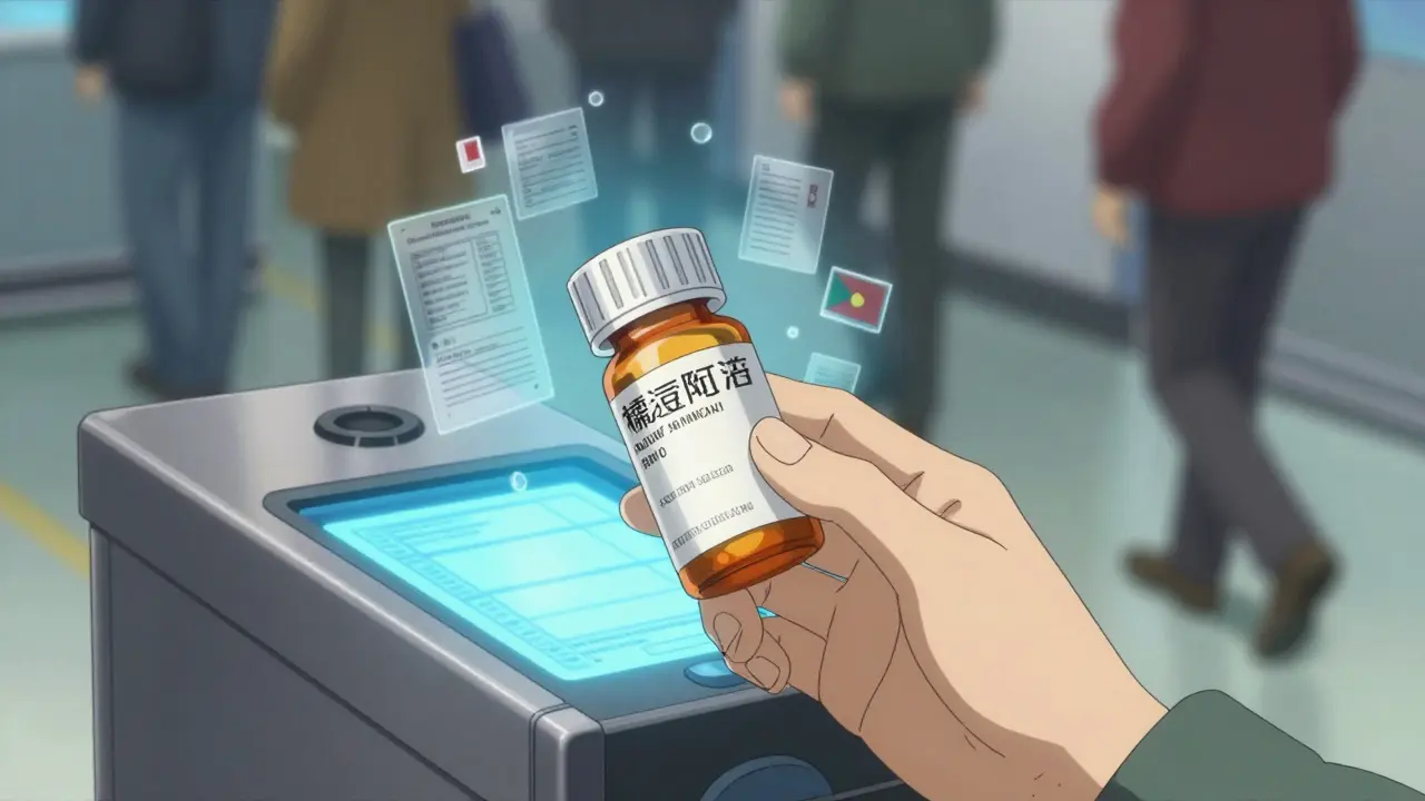 Une bouteille de médicament contrôlé avec son étiquette d'origine sous le scanner de sécurité d'aéroport.