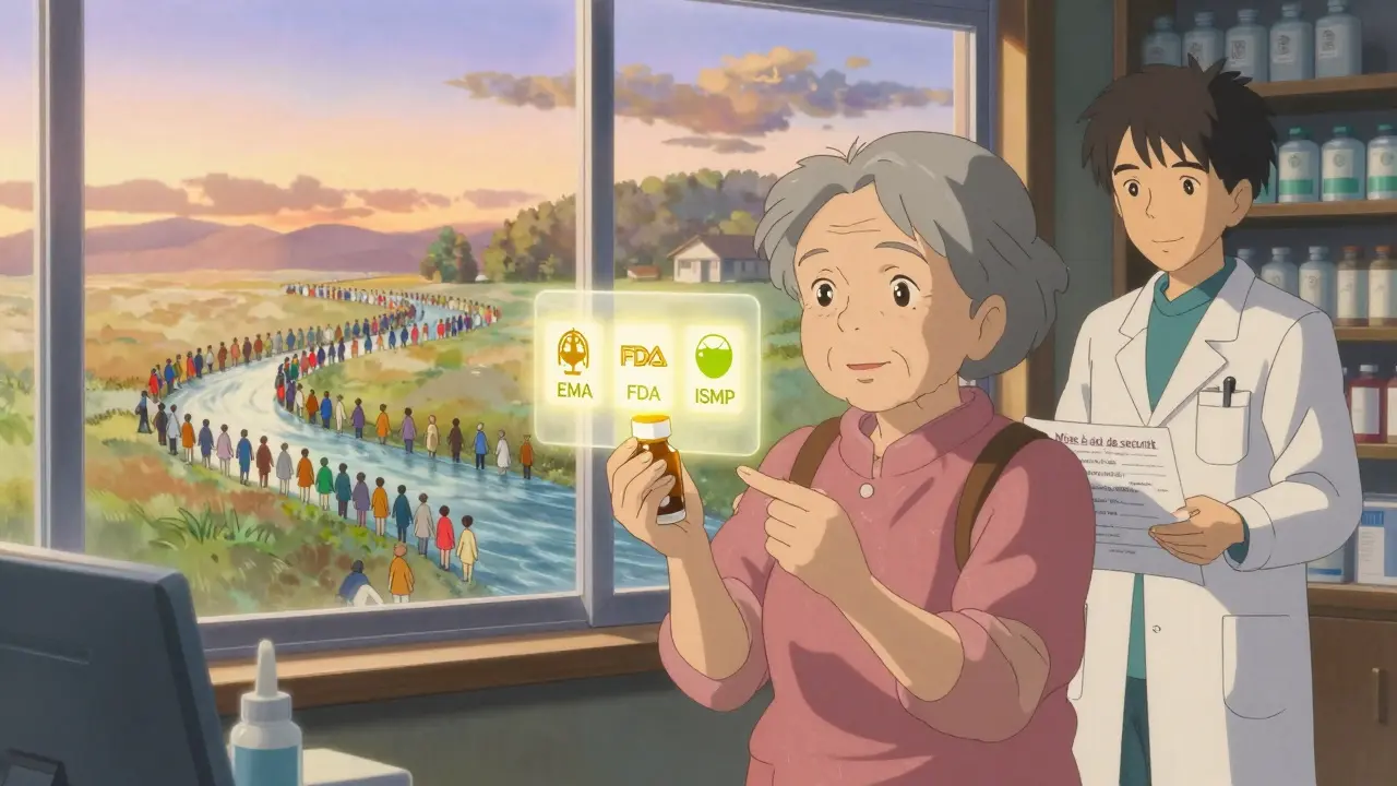 Une femme âgée dans une pharmacie, entourée d'icônes des agences de santé et d'une mosaïque de patients avec niveaux de risque colorés.