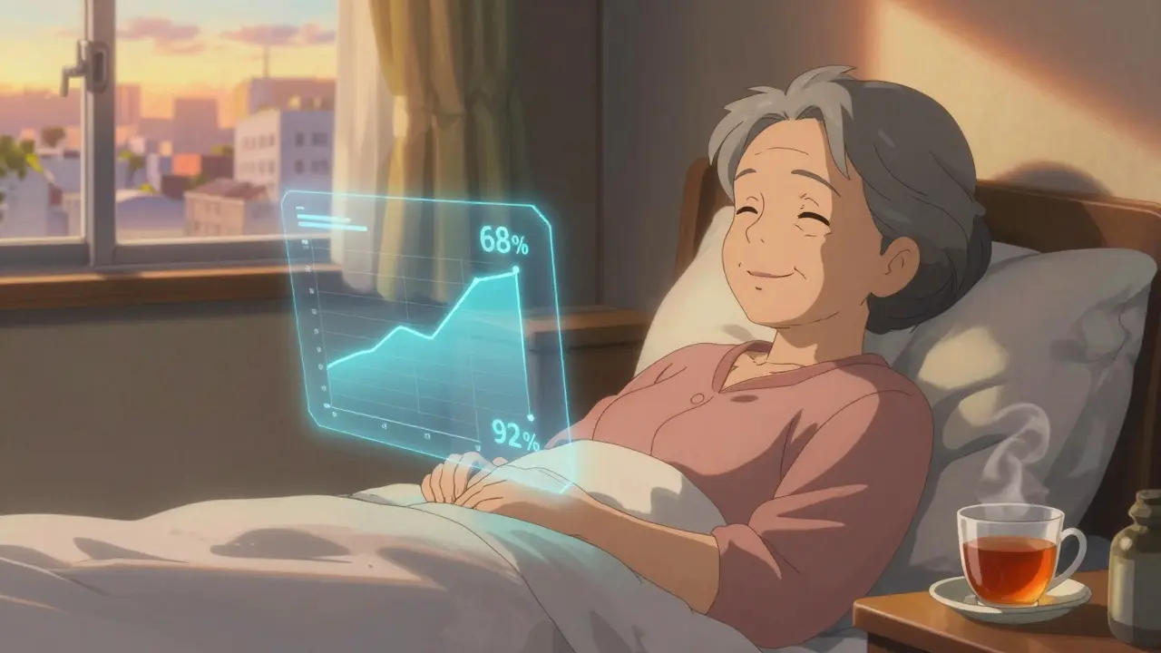 Une femme âgée endormie au lever du jour, avec une interface numérique affichant une amélioration du sommeil.