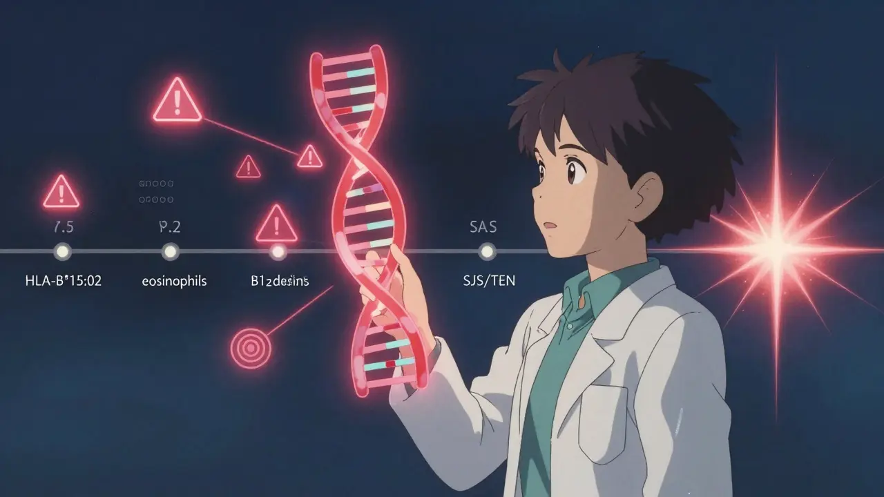 Une femme en blouse de laboratoire observe une hélice d'ADN avec des symboles de risque, une ligne du temps montre une réaction grave.