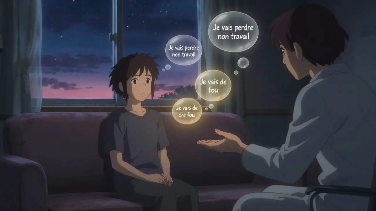 Une séance de thérapie mentale avec des pensées anxiogènes qui se transforment en lumière dorée.