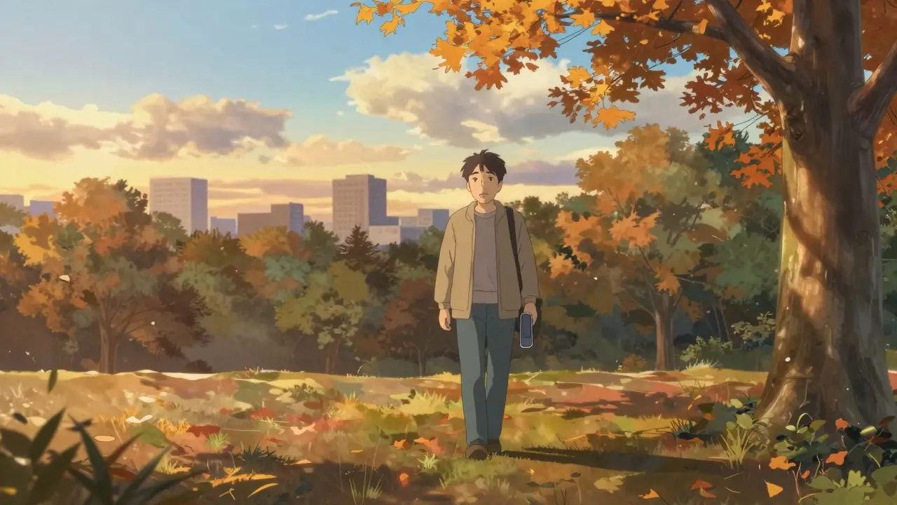 Adulte marchant tranquillement dans un parc ensoleillé, respirant librement.