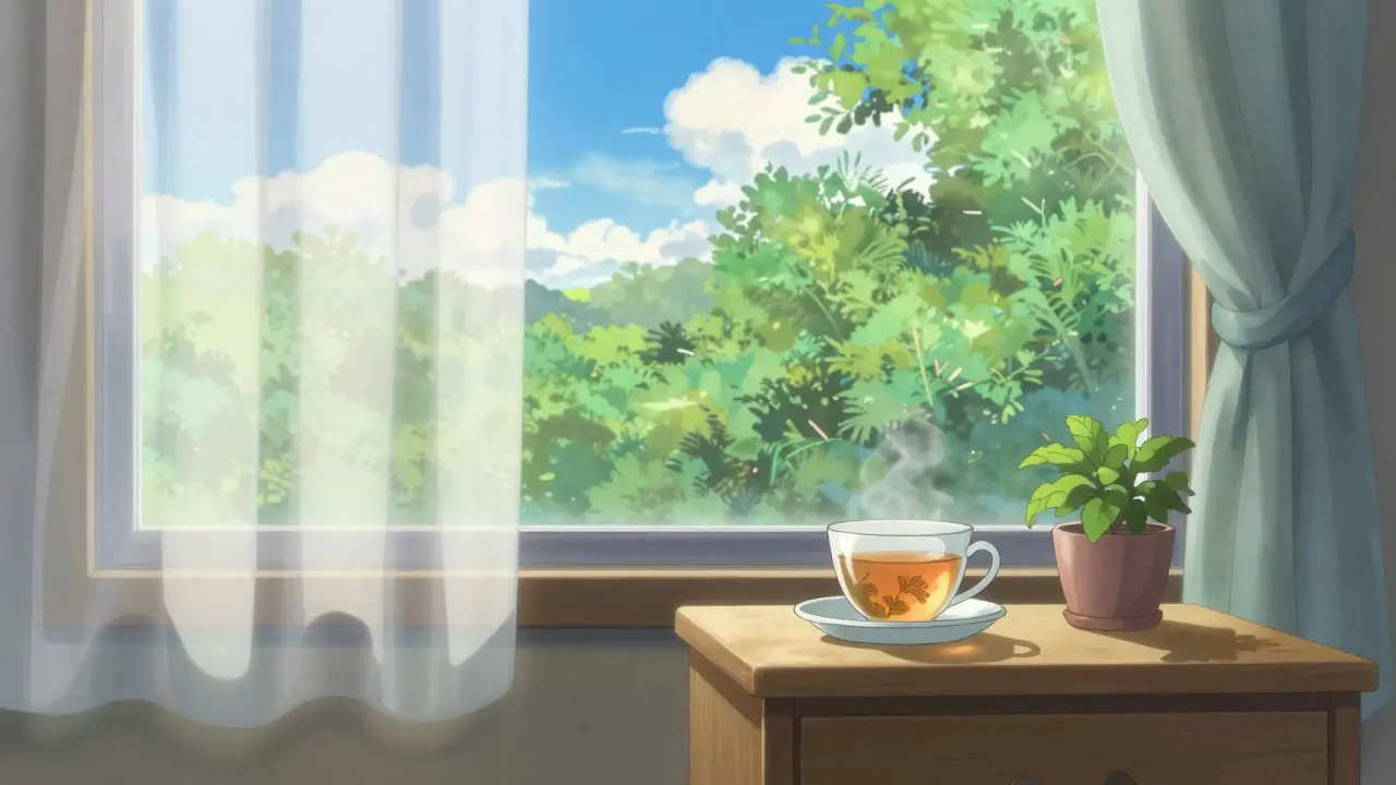 Chambre calme illuminée par le soleil du matin avec une plante verte.