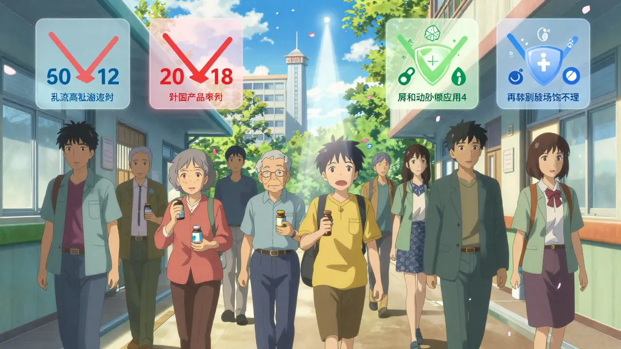 Des patients marchent dans un couloir hospitalier sous des symboles de réduction de prix et de prime d'assurance plus basse.