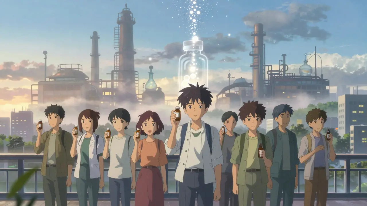 Des patients sur un pont au lever du jour, leurs bouteilles de médicaments se transformant en particules de lumière, symbolisant les économies de santé.