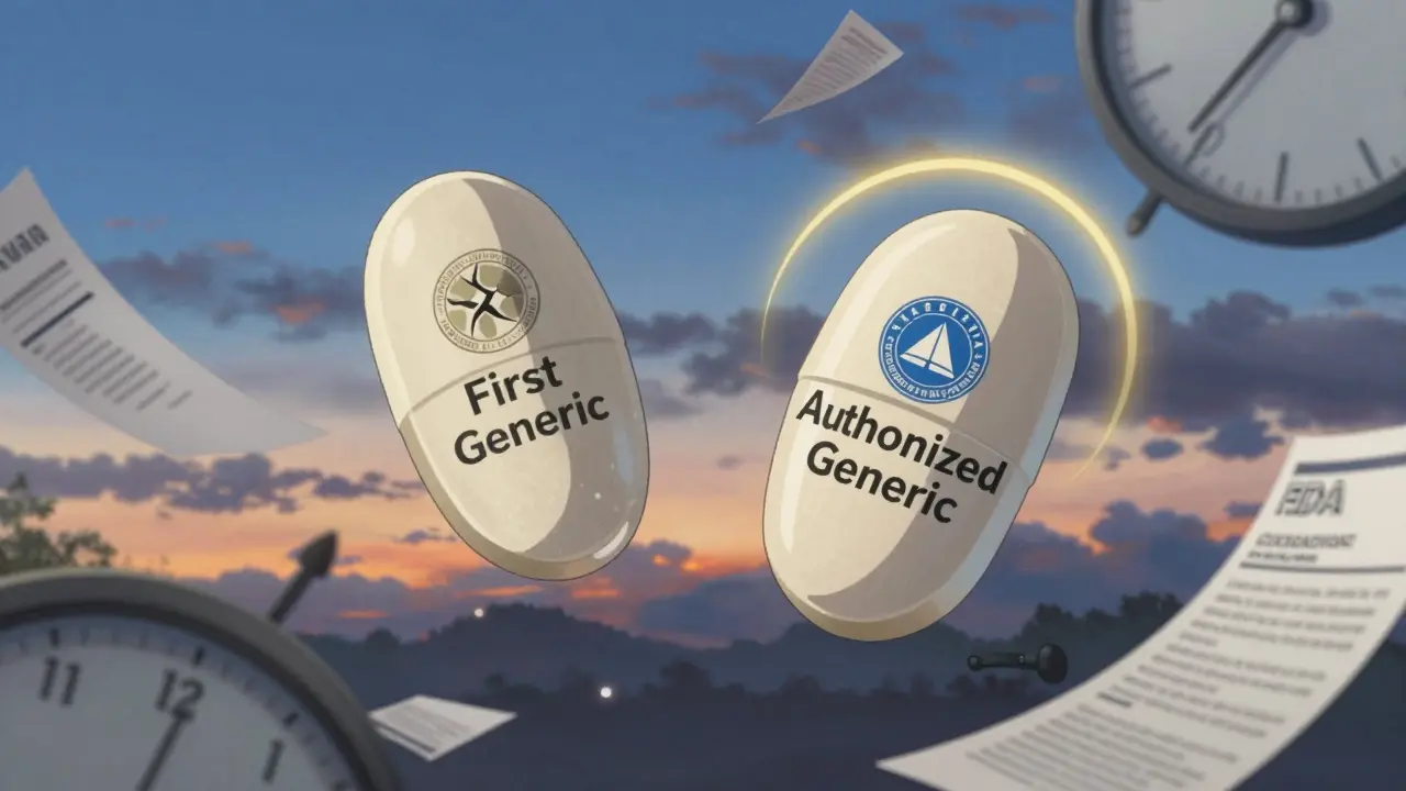 Deux pilules identiques flottent dans le ciel crépusculaire, l'une marquée 'Premier Générique', l'autre 'Générique Autorisé', entourées d'horloges et de documents officiels.