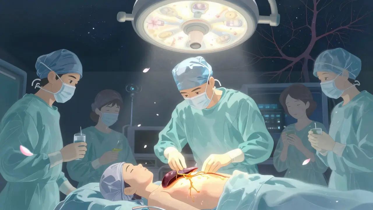 Équipe chirurgicale transplantant un foie lumineux, avec des silhouettes fantômes qui s'évanouissent et des pétales de cerisier flottant dans le ciel étoilé.