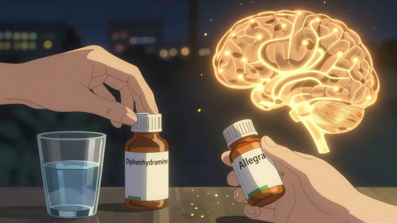 Main tenant deux pilules : une sombre et une dorée, avec un chemin neuronal qui s'illumine différemment derrière.