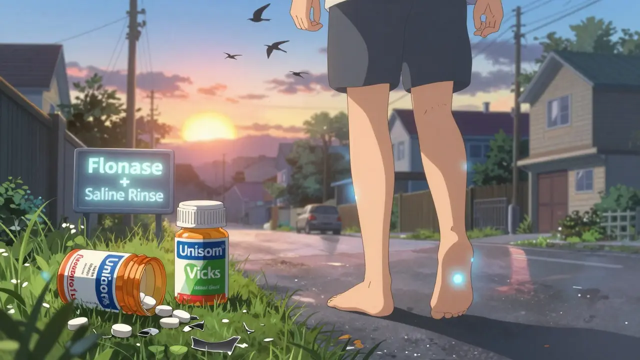 Patient marchant au lever du soleil, jambes lumineuses, bouteilles cassées par terre, signal lumineux d'alternative sûre.