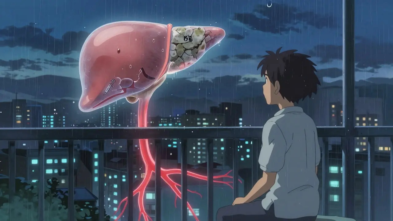 Patient sur un balcon au crépuscule regardant un foie partiellement pétrifié flottant au-dessus de lui, sous une pluie légère.